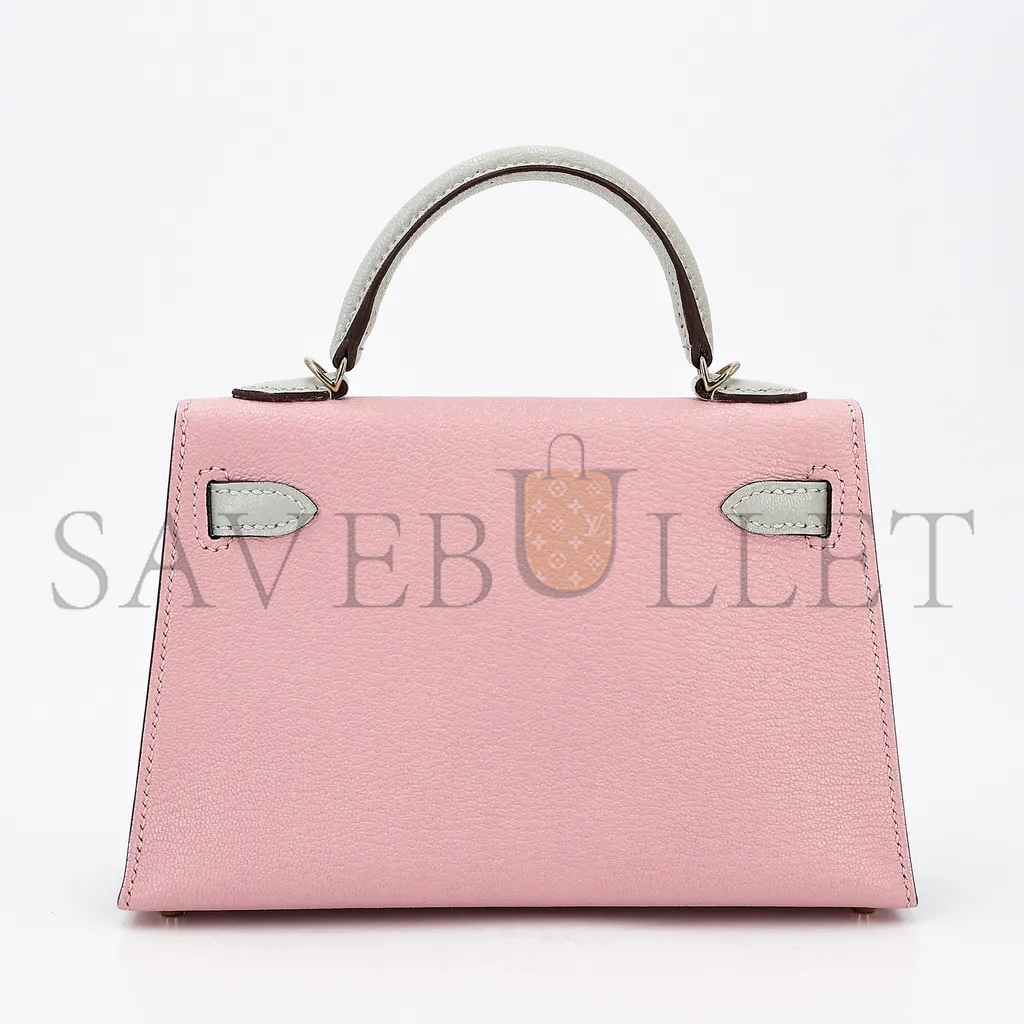 HERMÈS MINI KELLY II GOATSKIN CHERRY BLOSSOM PINK MILKSHAKE PLATINUM BUCKLE (19*12*5.5cm) 